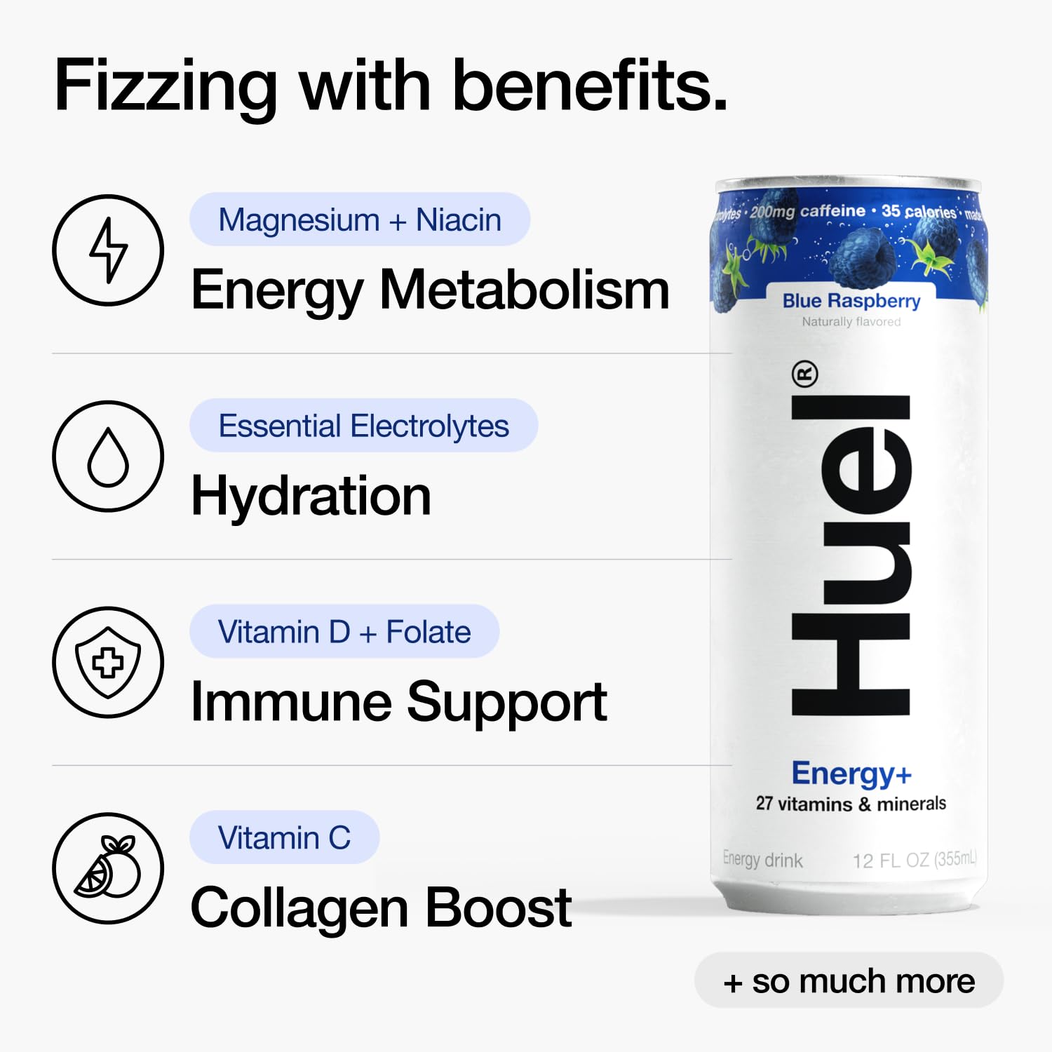 Huel Energy+ electrolytes and vitamins support hydration and daily nutrition.