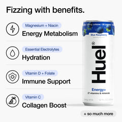 Huel Energy+ electrolytes and vitamins support hydration and daily nutrition.