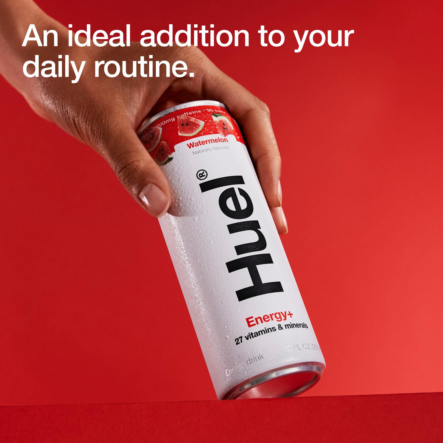 Huel Energy+ nutrition label close-up showing 27 vitamins and minerals at a glance.