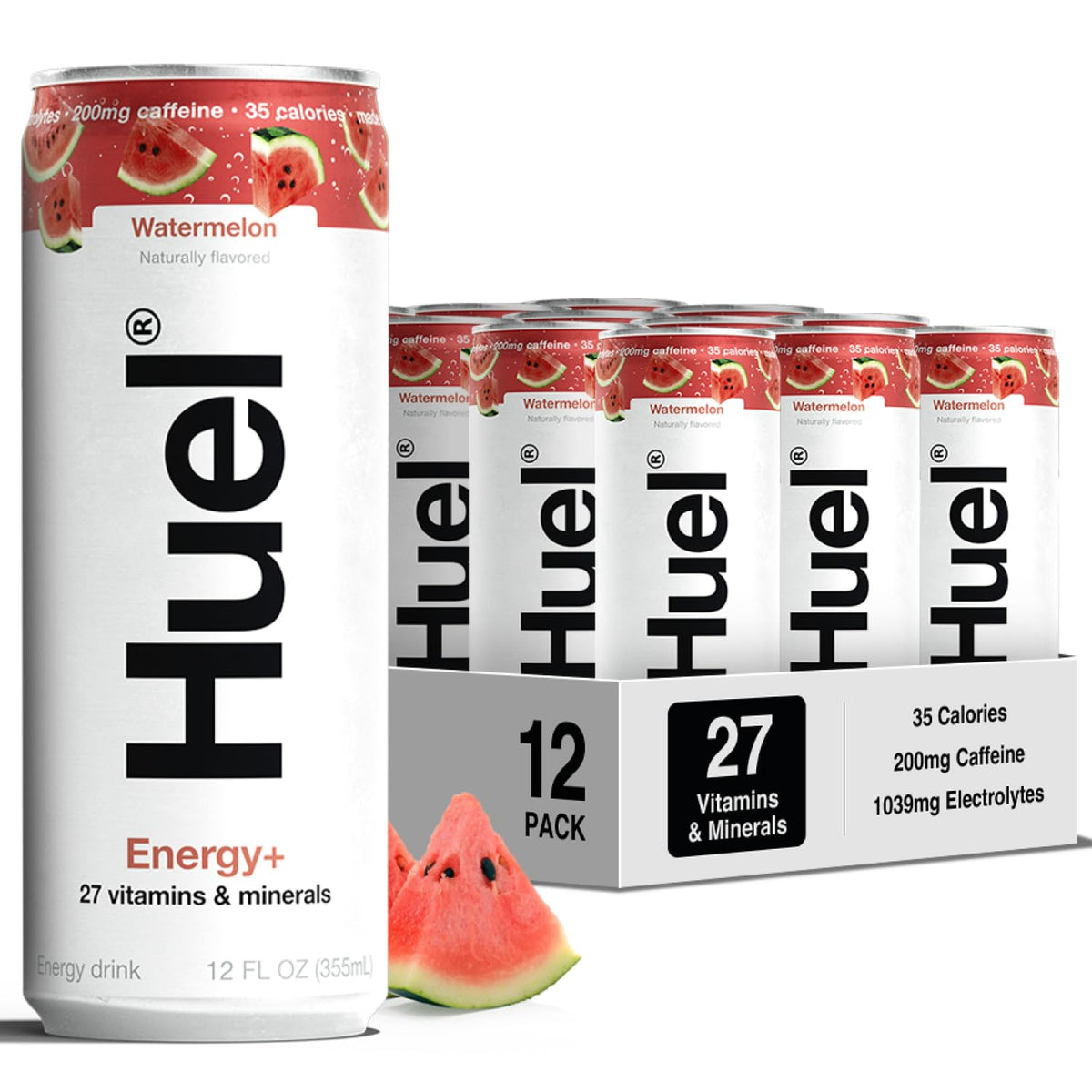 Huel Energy+ watermelon can close-up offering plant-based energy boost for focus.