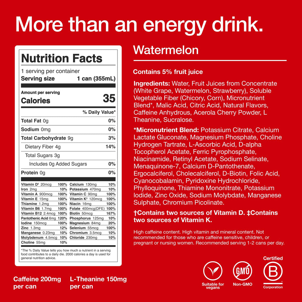 Huel Energy+ refreshing watermelon splash highlighting hydration and electrolytes for daily activity.