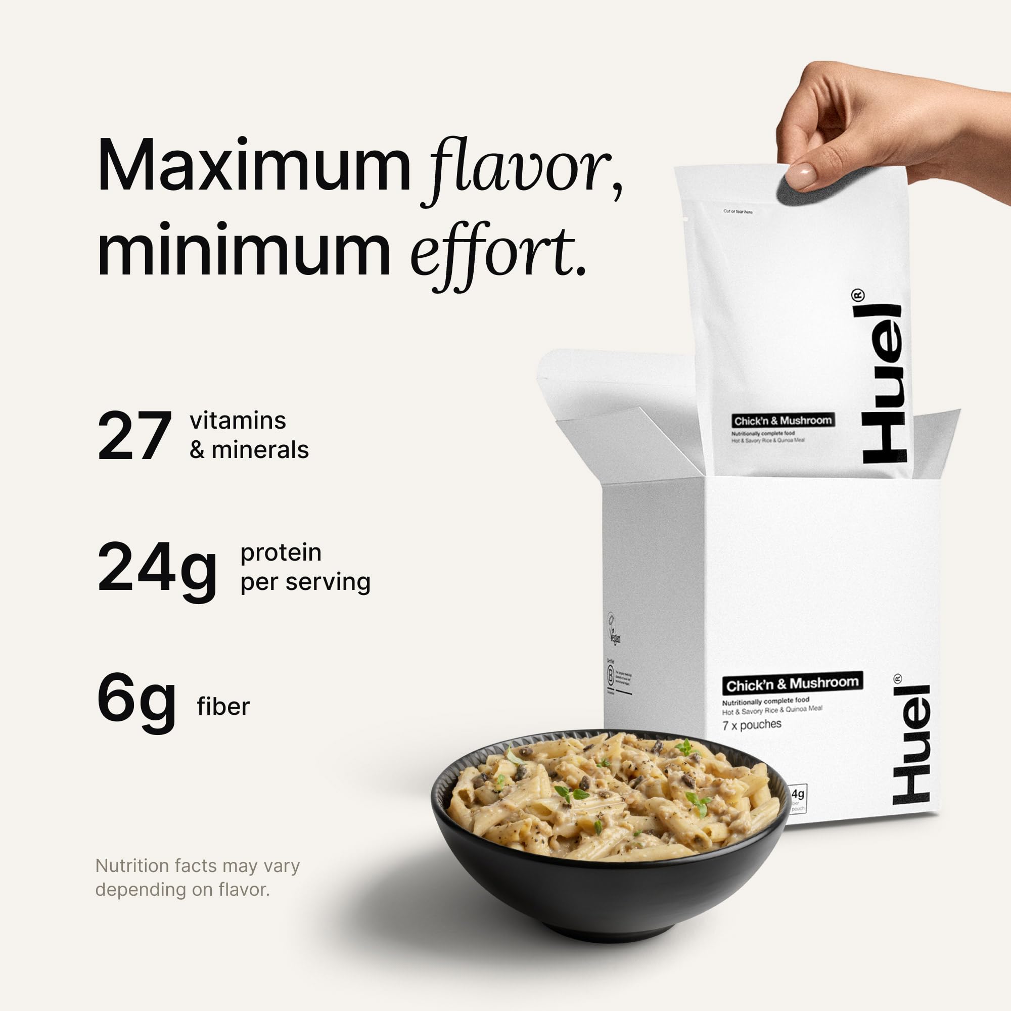 Huel Hot and Savory boiling-water steps show quick meal preparation