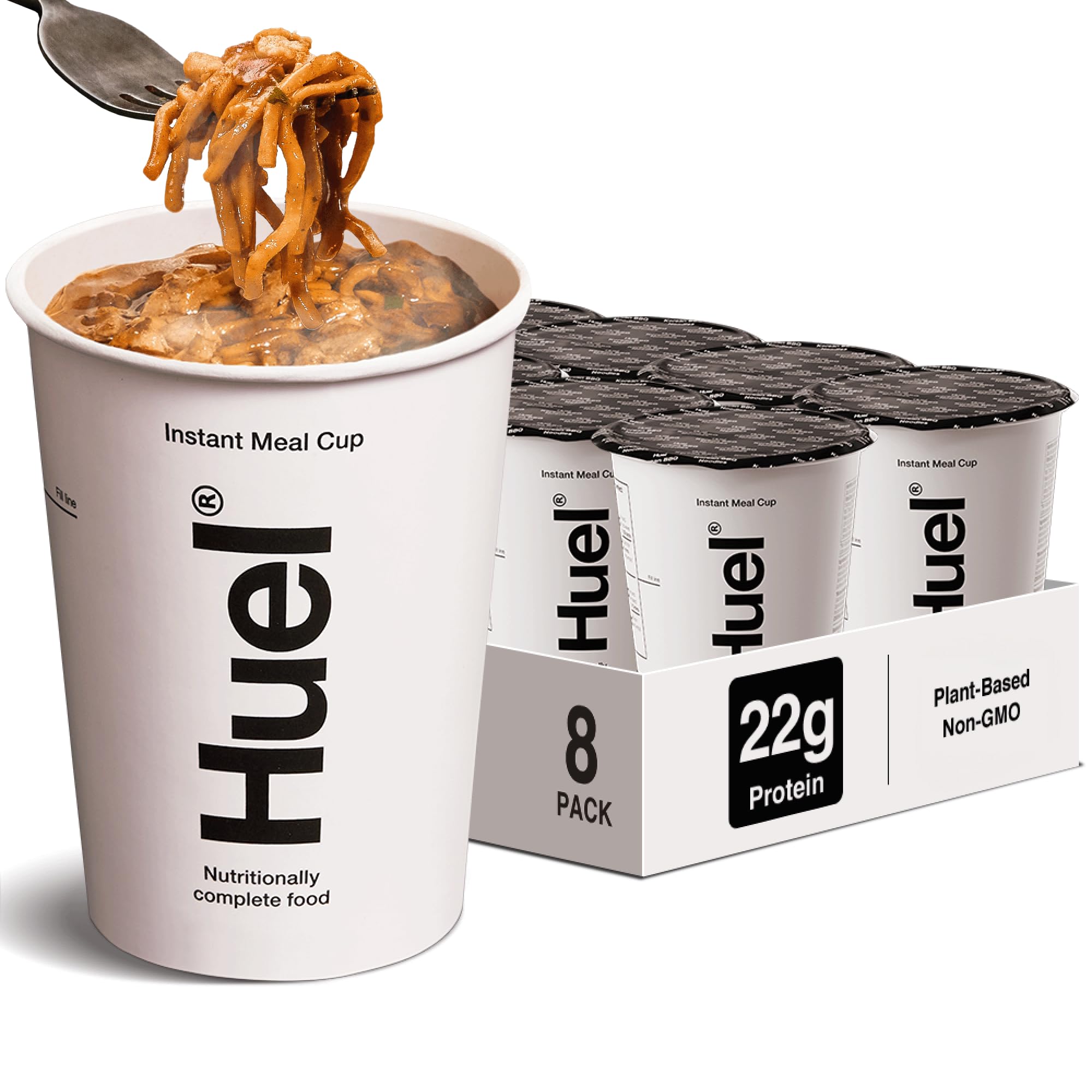 Huel hot and savory cups Korean BBQ pack on shelf for quick meals