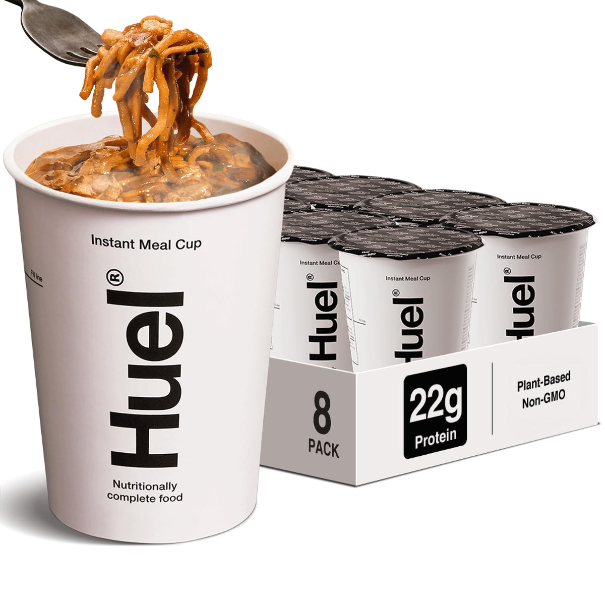 Huel hot and savory cups Korean BBQ pack on shelf for quick meals