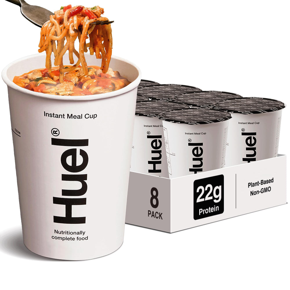 Huel Hot and Savory Cups Spicy Gochujang packaging highlighting convenient plant-based nutrition for busy days.