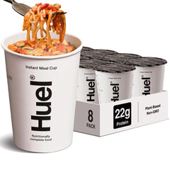 Huel Hot and Savory Cups Spicy Gochujang packaging highlighting convenient plant-based nutrition for busy days.