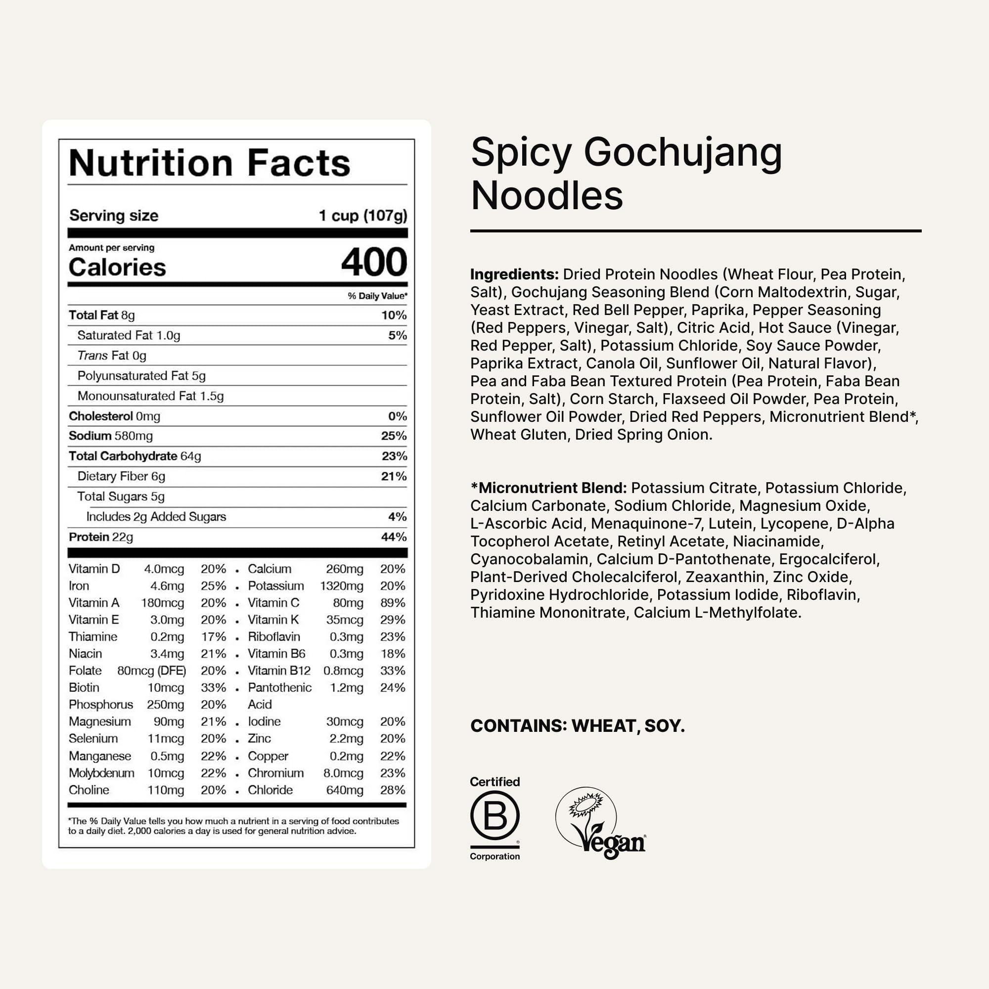 Plant-based ingredients in Huel Cups Spicy Gochujang highlighting vegan and gluten-free options.