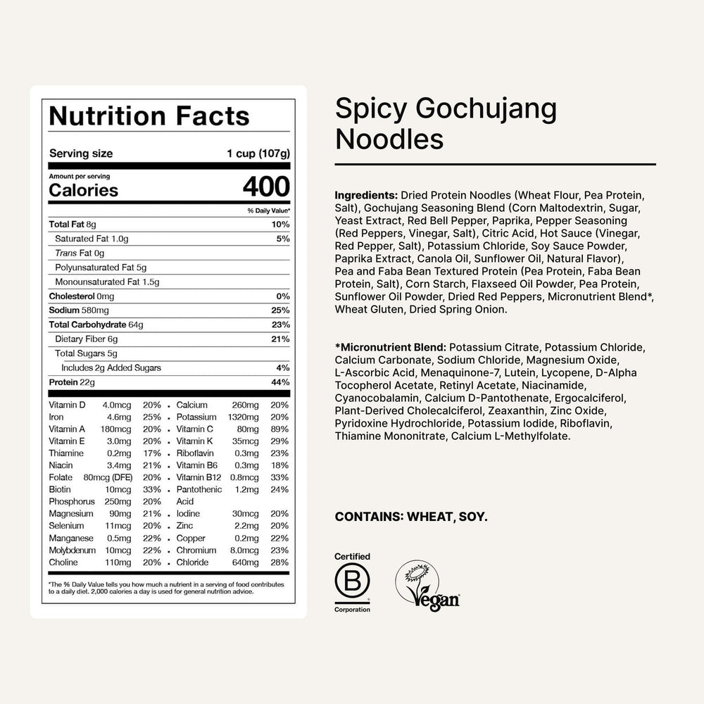 Plant-based ingredients in Huel Cups Spicy Gochujang highlighting vegan and gluten-free options.