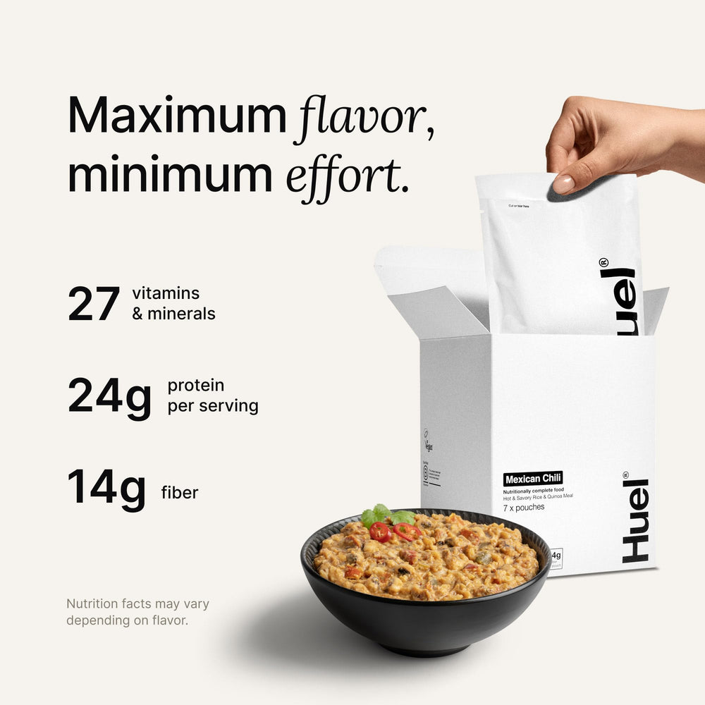 Huel Mexican Chili served in a steaming bowl ready to eat.