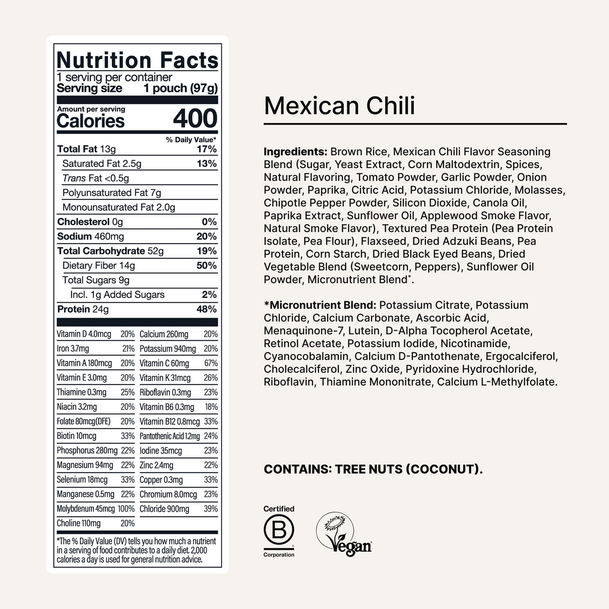 Huel Mexican Chili pack back shows nutrition details and vegan attributes.