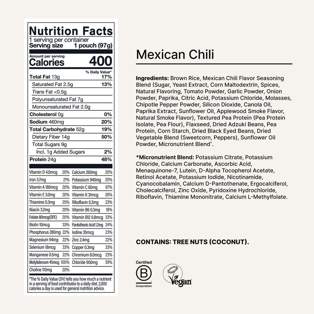Huel Mexican Chili pack back shows nutrition details and vegan attributes.
