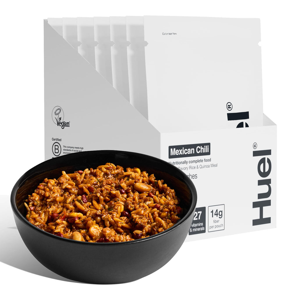 Huel Hot and Savory Mexican Chili pack front highlights a plant-based protein option.
