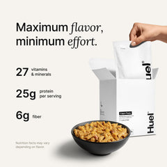 Huel Cajun Pasta ingredients spread highlights plant-based nutrition.