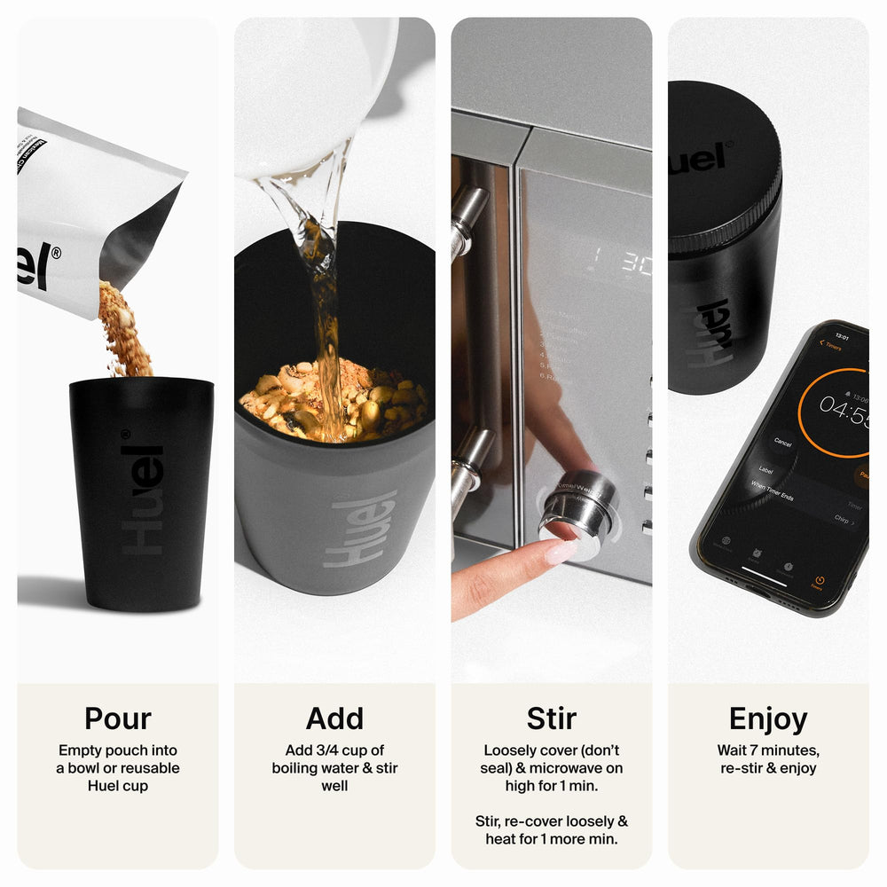 Huel Cajun Pasta nutrition panel visible emphasizes protein and vitamins.