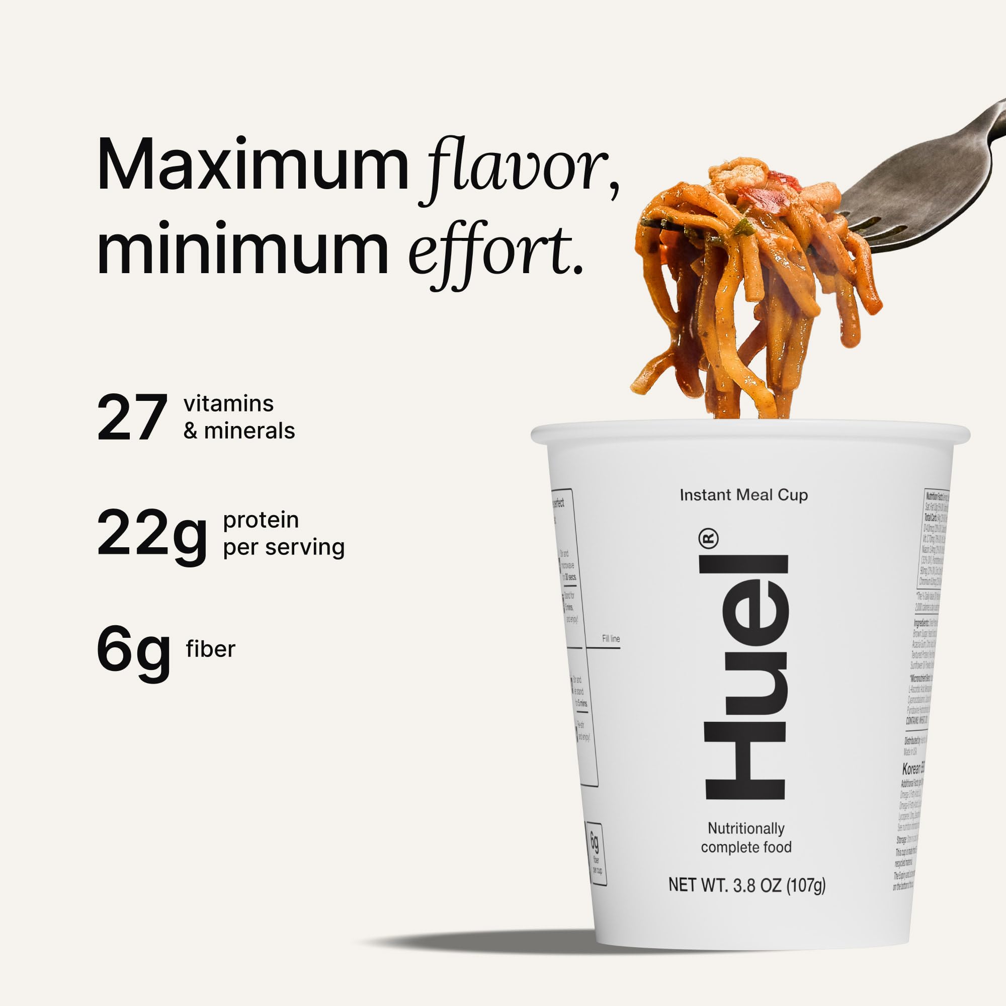 Steaming Huel Korean BBQ cup close-up with savory aroma