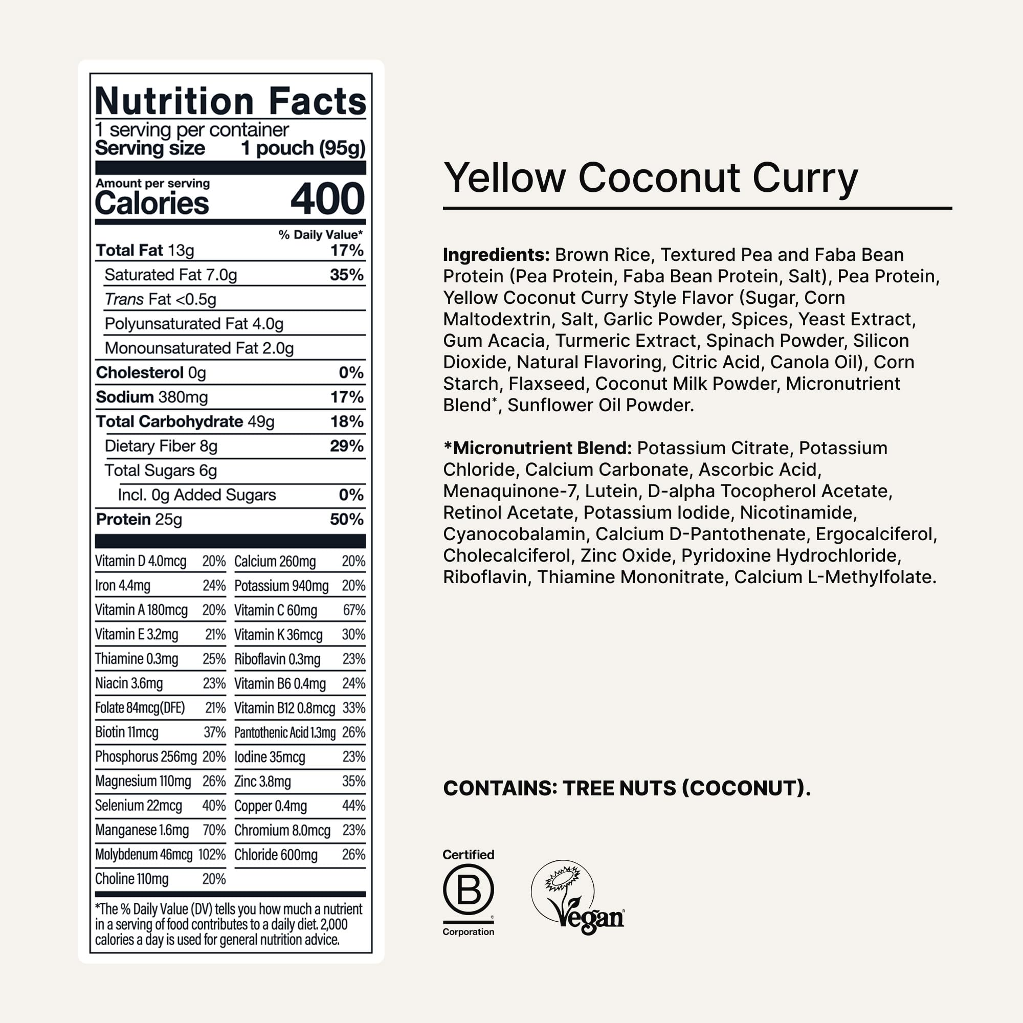 Huel yellow coconut curry close-up with plant-based ingredients