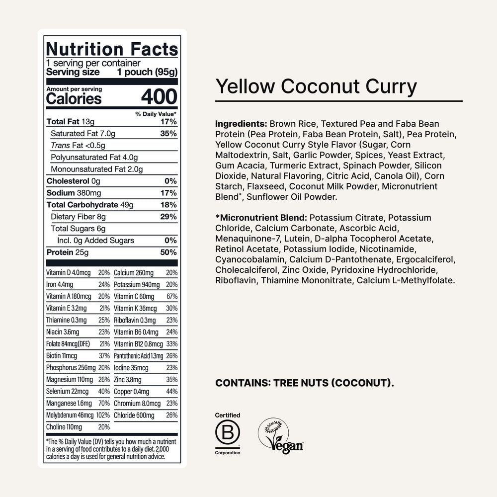 Huel yellow coconut curry close-up with plant-based ingredients