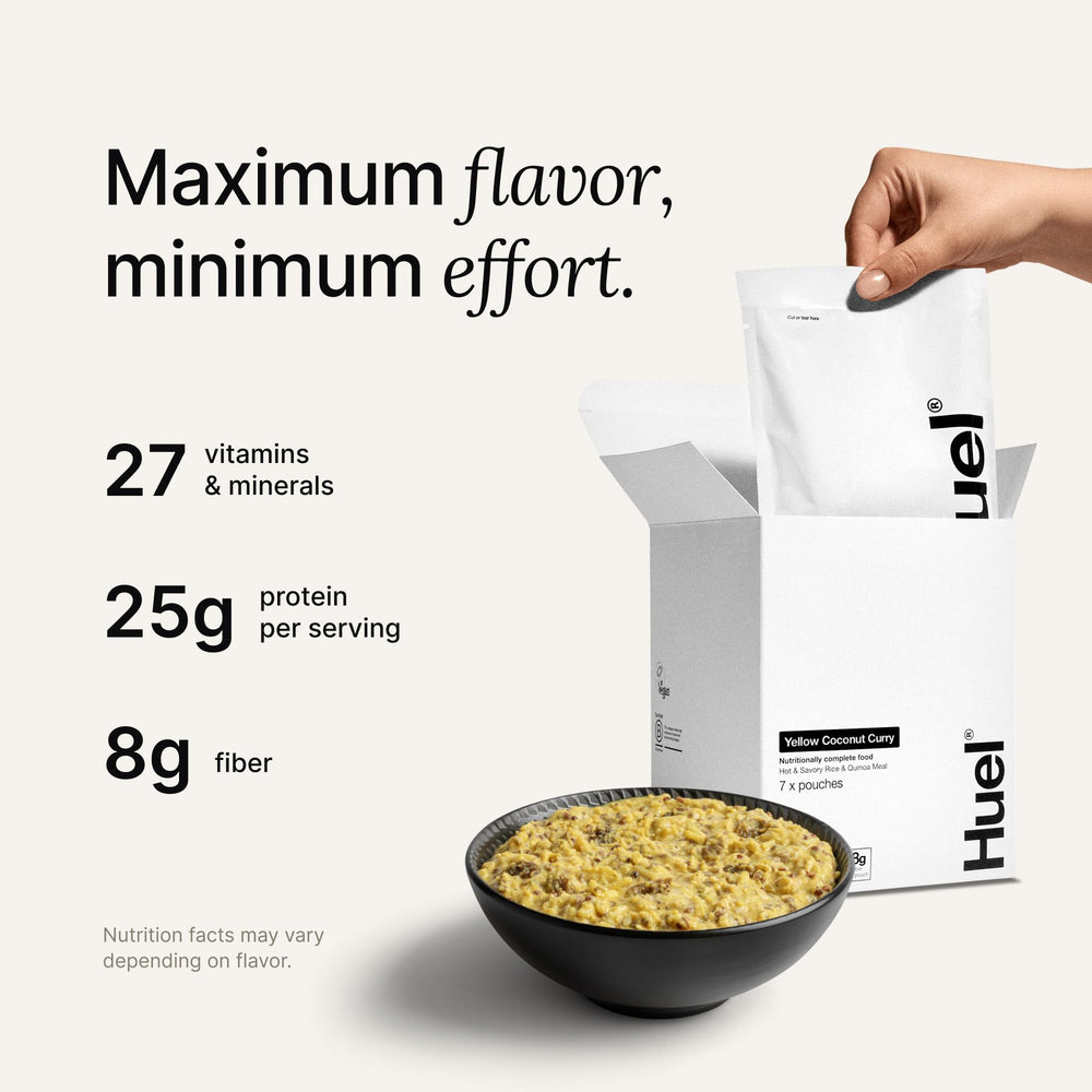 Huel steaming bowl of yellow coconut curry for a quick meal