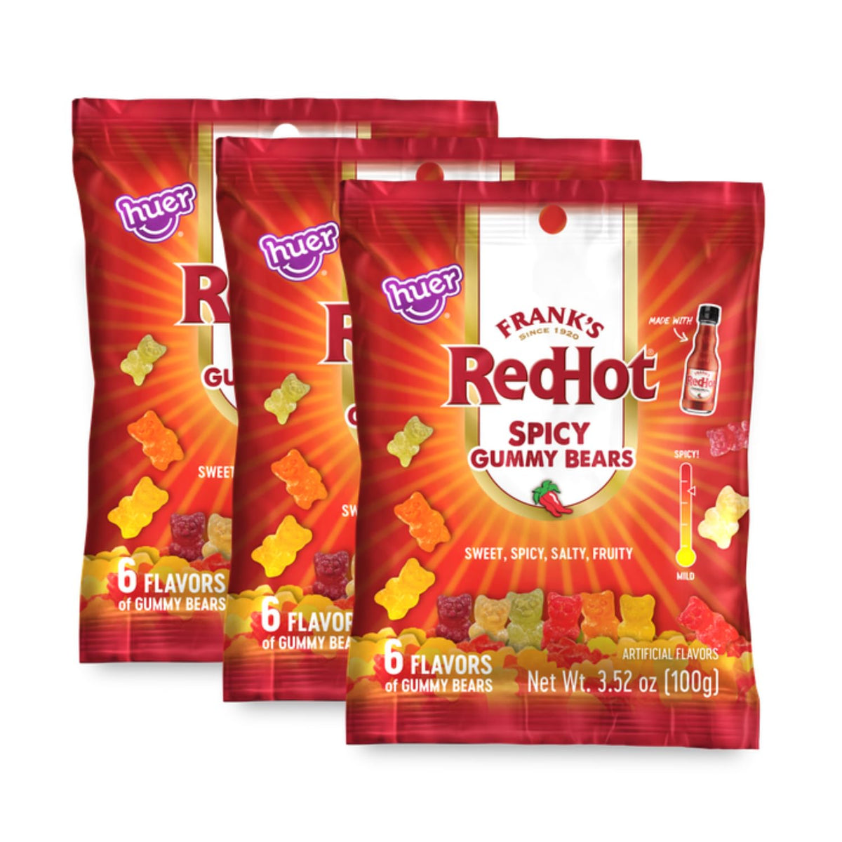 HUER Frank’s RedHot gummy bears coated in seasoning for bold heat and fruity sweetness.