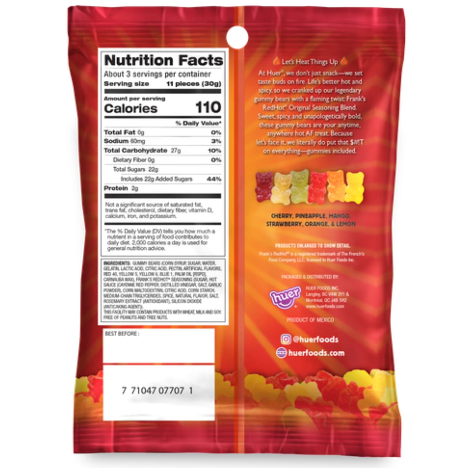 HUER Frank’s RedHot gummy bears six-flavor display with fruity heat.