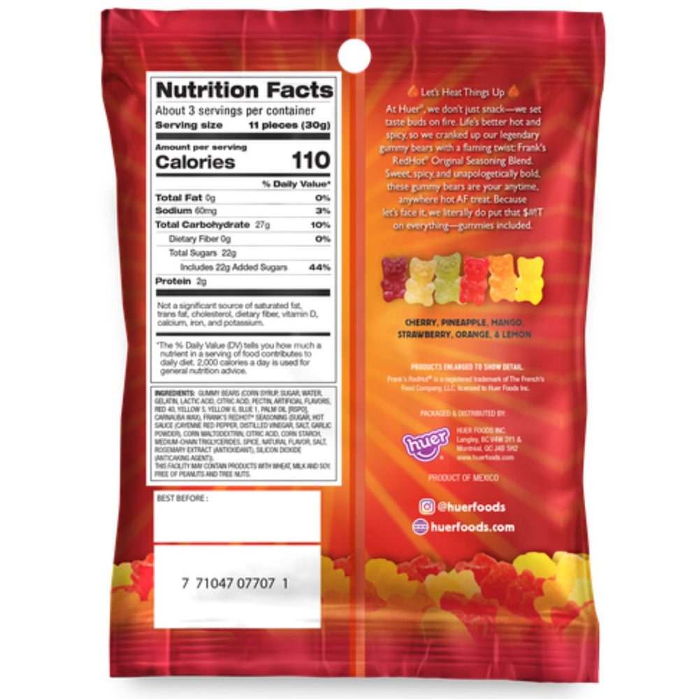 HUER Frank’s RedHot gummy bears six-flavor display with fruity heat.