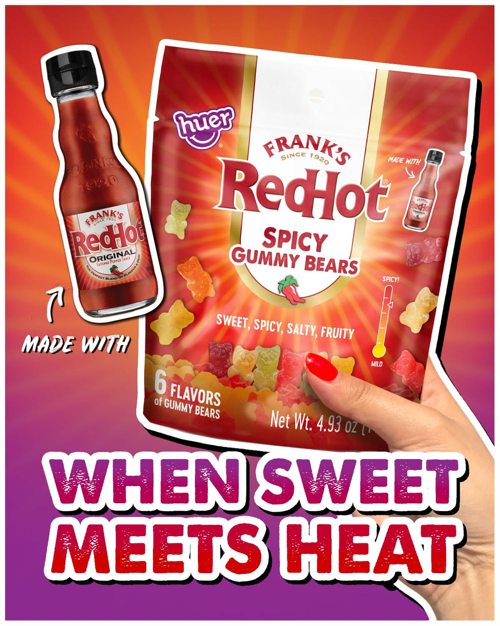 HUER Frank's RedHot gummy bears coating detail emphasizes spicy glaze