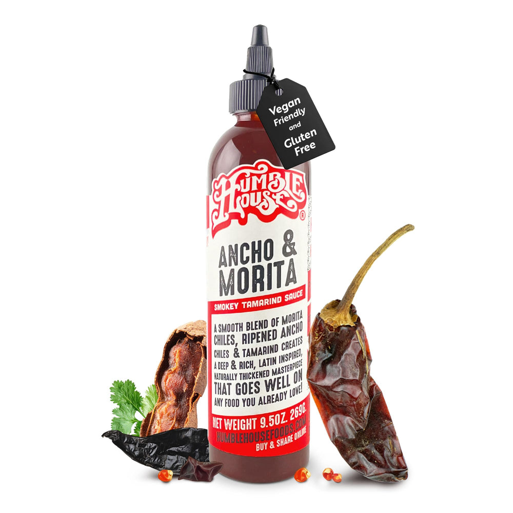 Humble House Ancho Morita hot sauce ingredients banner highlighting gluten-free soy and tamarind notes.
