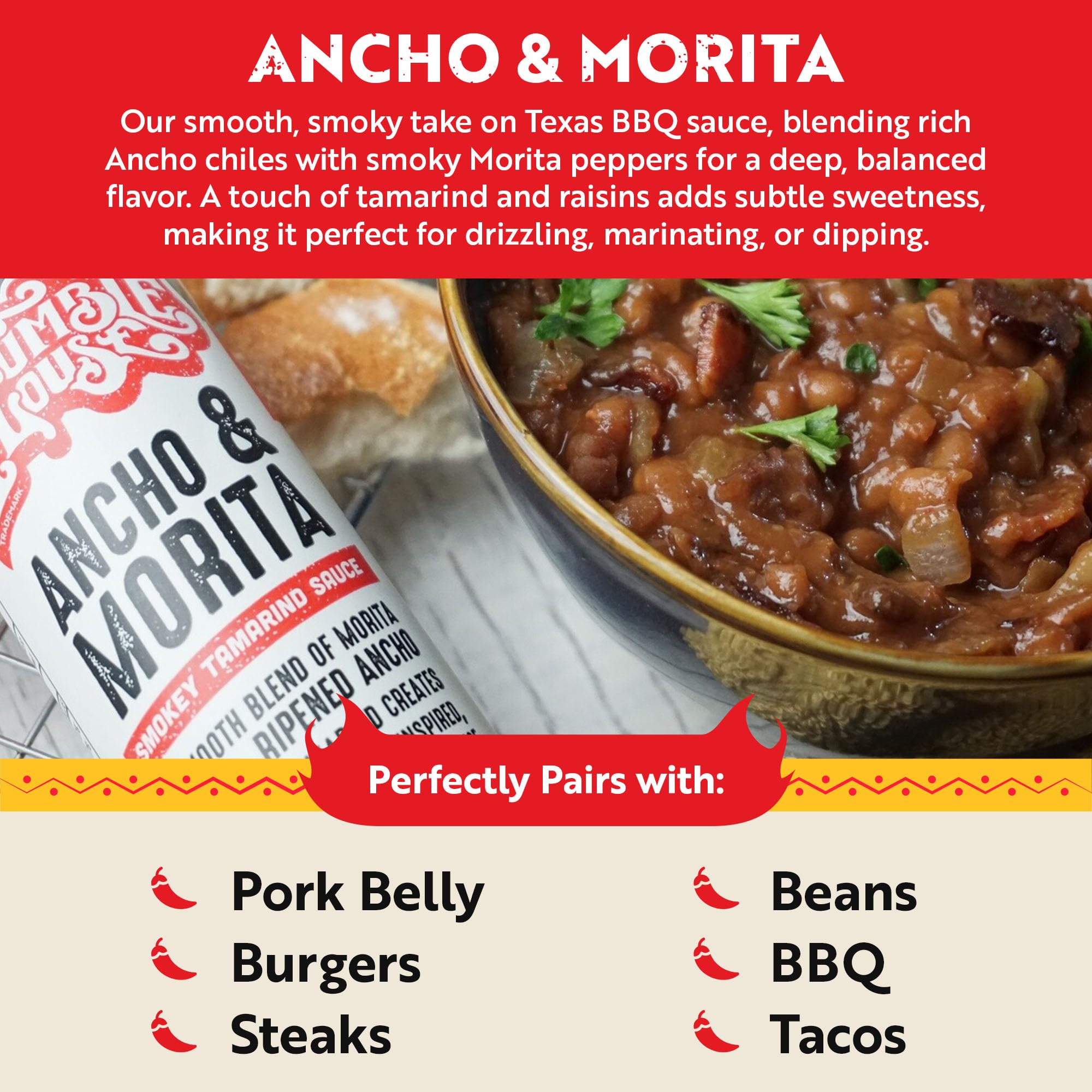 Humble House Ancho Morita hot sauce label reading premium, preservative-free ingredients.