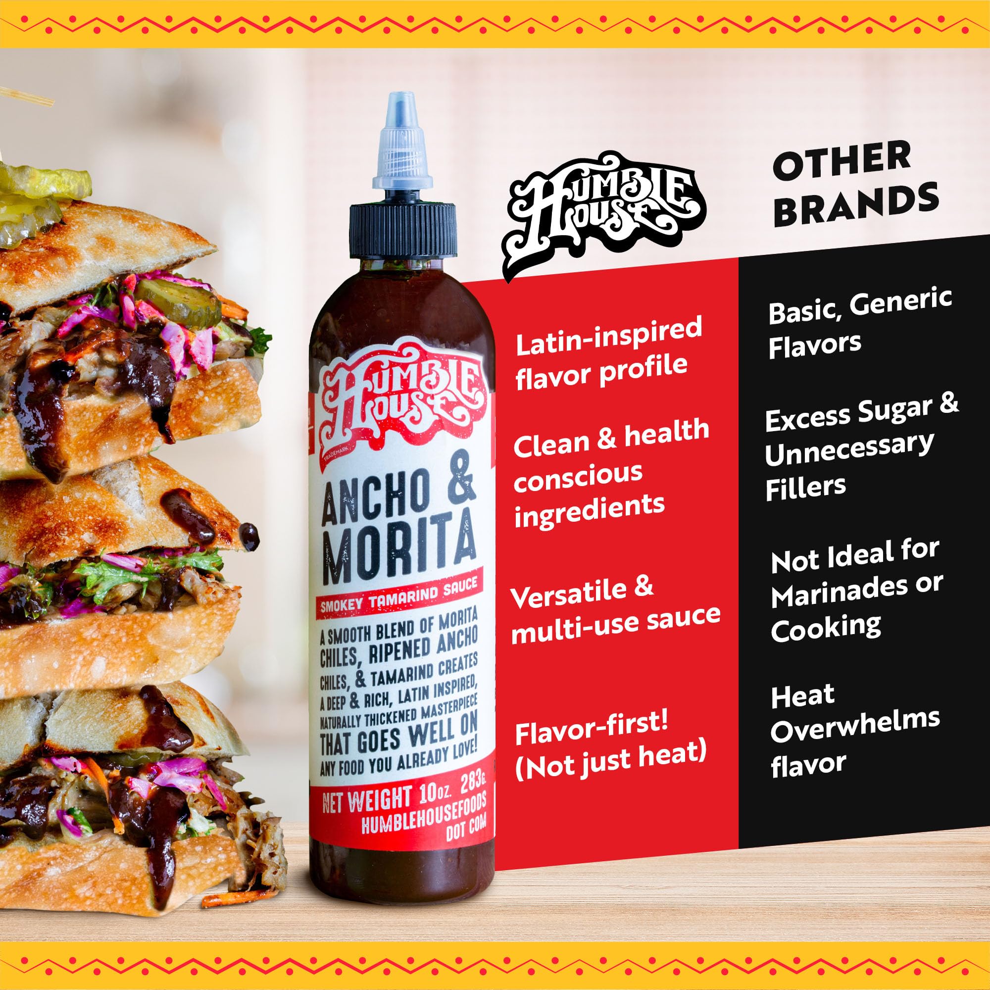 Humble House Ancho Morita hot sauce with ribs for a versatile flavor booster.