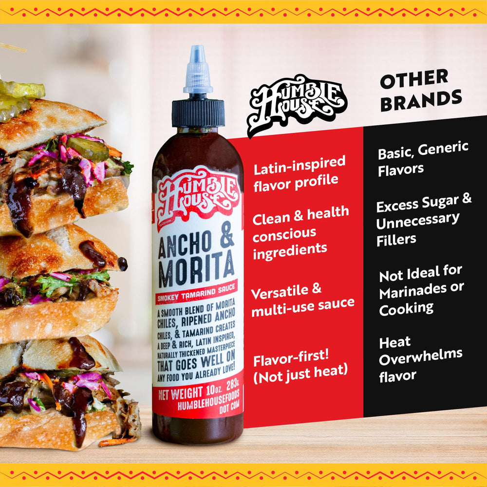 Humble House Ancho Morita hot sauce with ribs for a versatile flavor booster.