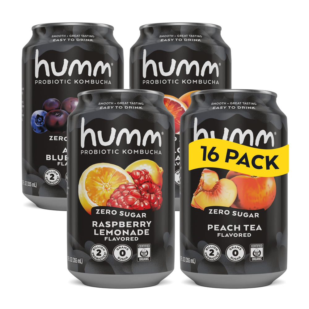 Humm probiotic kombucha Acai Blueberry can with 2B probiotics for gut support.