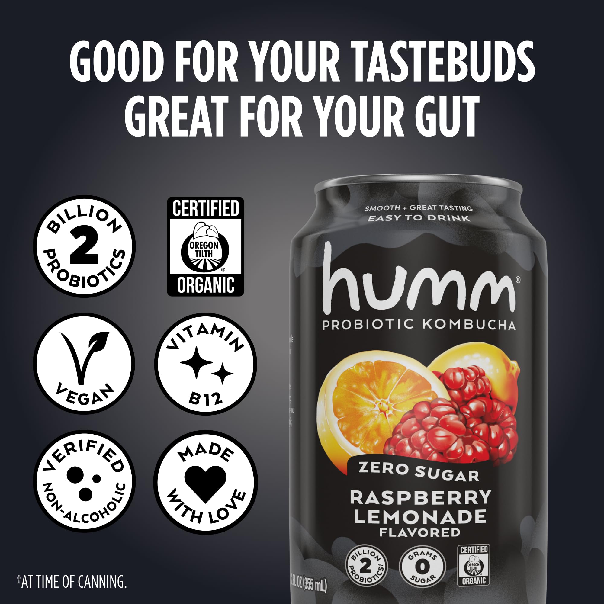 Humm probiotic kombucha Peach Tea can with organic, vegan formula and B12 boost.