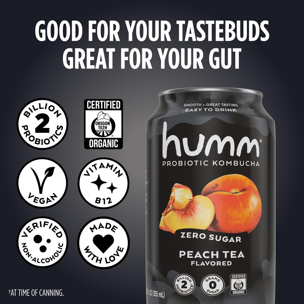 Humm label close-up highlights probiotics and vitamin B12 benefits in a real-world bottle.