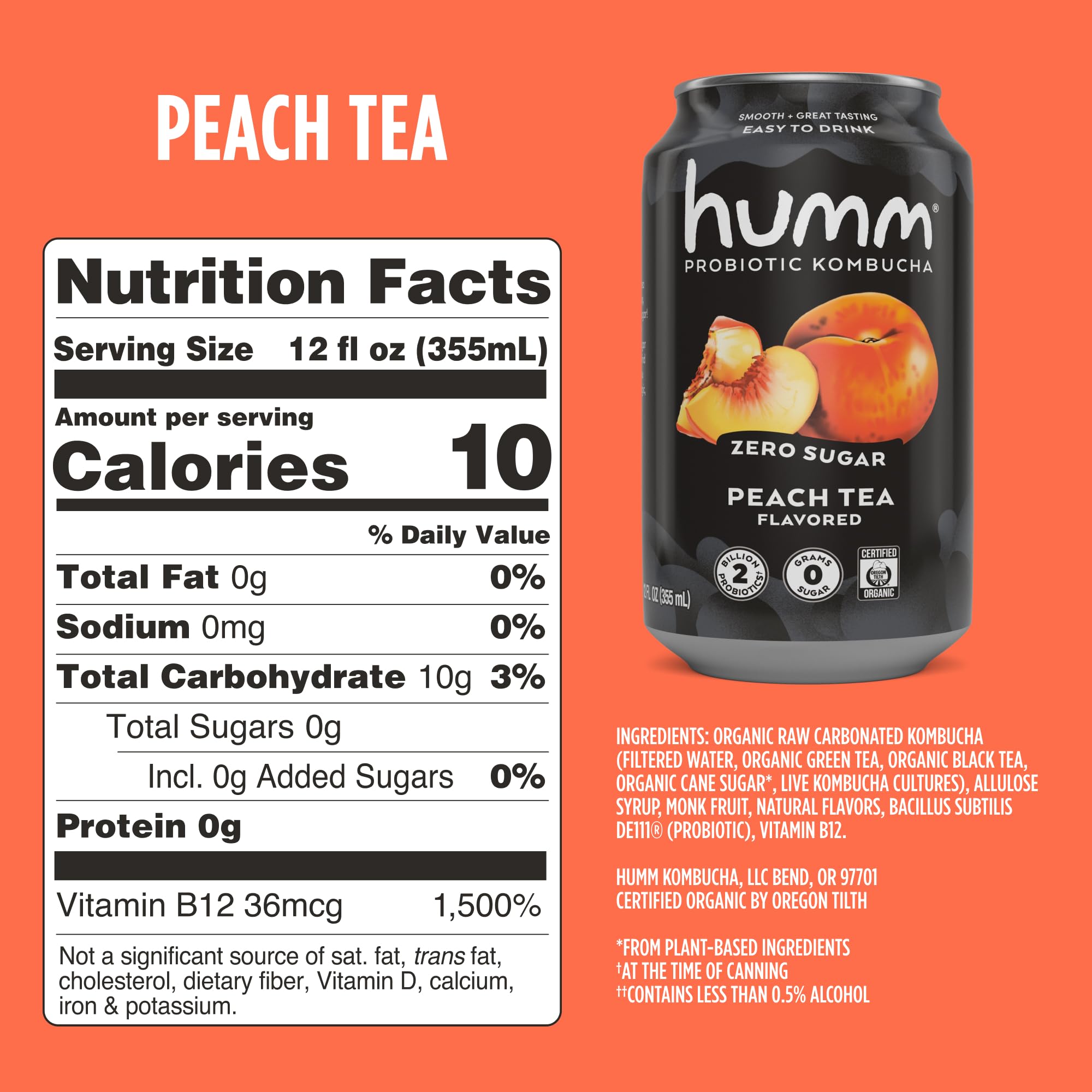 Humm peach tea bottle on shelf shows shelf-stable design for non-refrigerated enjoyment.