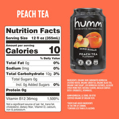 Humm peach tea bottle on shelf shows shelf-stable design for non-refrigerated enjoyment.