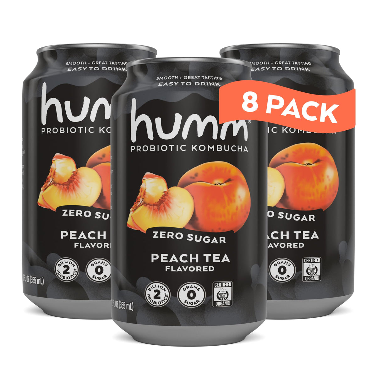 Humm probiotic kombucha peach tea can for on-the-go refreshment with zero sugar.