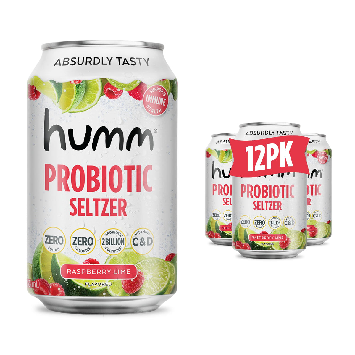 Humm Raspberry Lime sparkling water can with bright bubbles, a refreshing zero-calorie option.