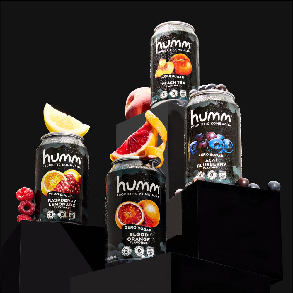 Humm shelf-stable label illustrates no refrigeration needed for convenience.