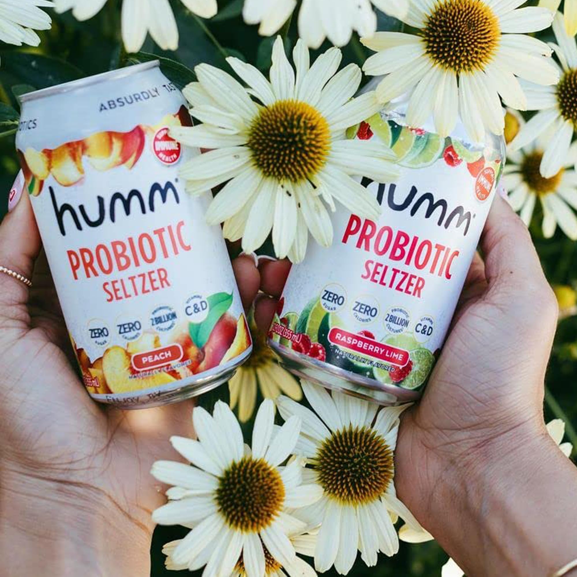 Humm shelf-stable probiotic seltzer can, no refrigeration needed.