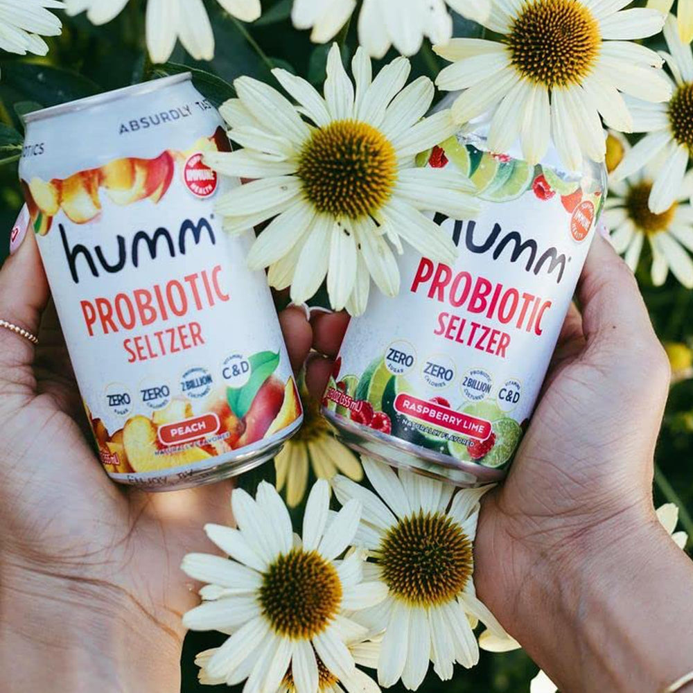 Humm shelf-stable probiotic seltzer can, no refrigeration needed.