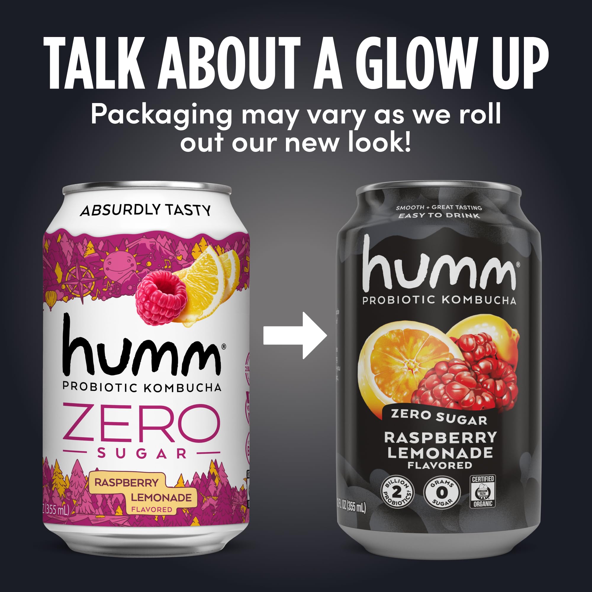 Humm Zero Sugar variety pack box and cans, shelf-stable for on-the-go.