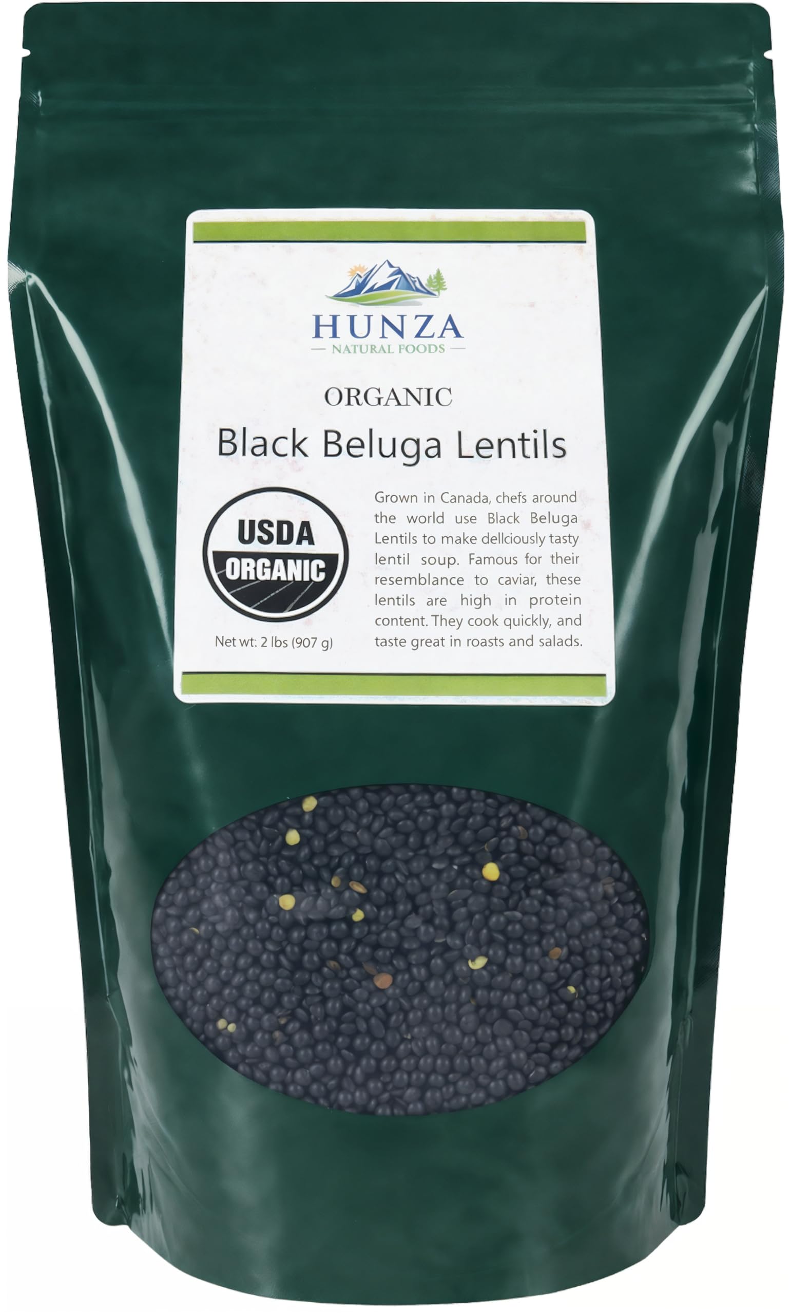 Hunza Black Beluga Lentils in a green pouch, convenient packaging and freshness.