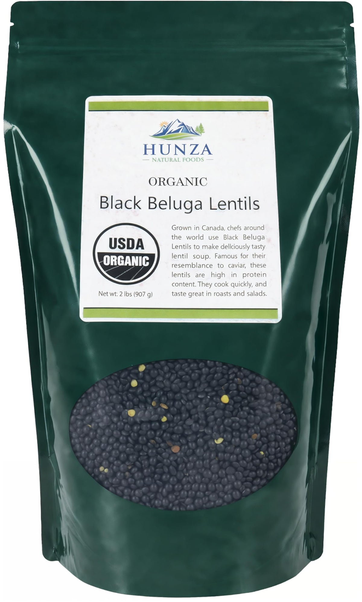 Hunza Black Beluga Lentils in a green pouch, convenient packaging and freshness.