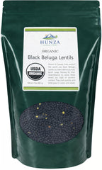 Hunza Black Beluga Lentils in a green pouch, convenient packaging and freshness.
