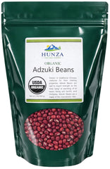 Hunza Organic Adzuki Beans in green pouch packaging for easy pantry storage