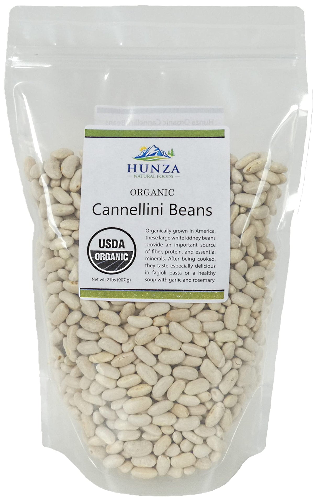 Hunza Organic Cannellini Beans 2lb packshot showing premium dry beans and label.