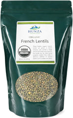 Hunza Organic French Lentils in a green stand-up pouch for pantry convenience.