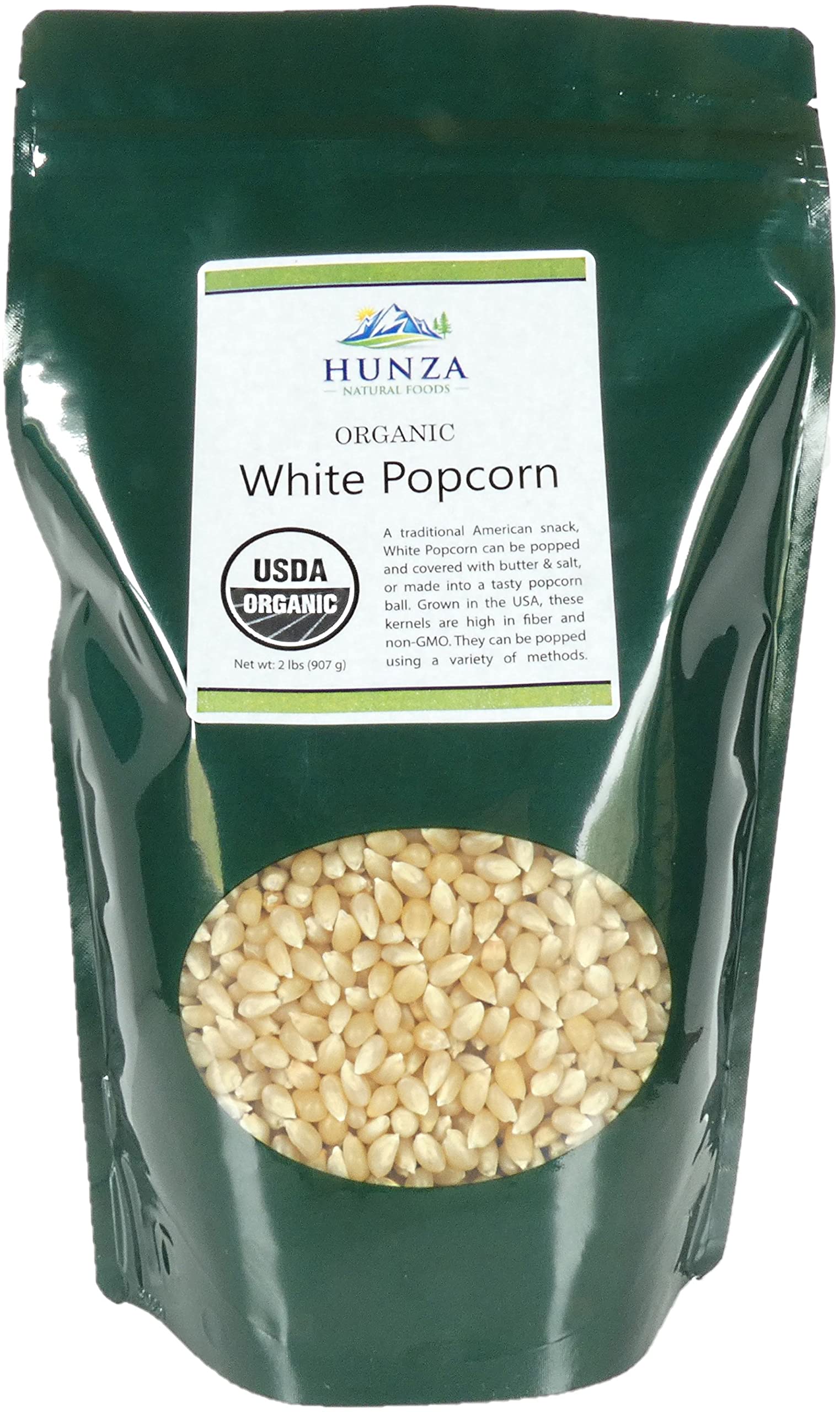 Hunza White Popcorn in a green stand-up pouch, ideal for cozy movie nights.