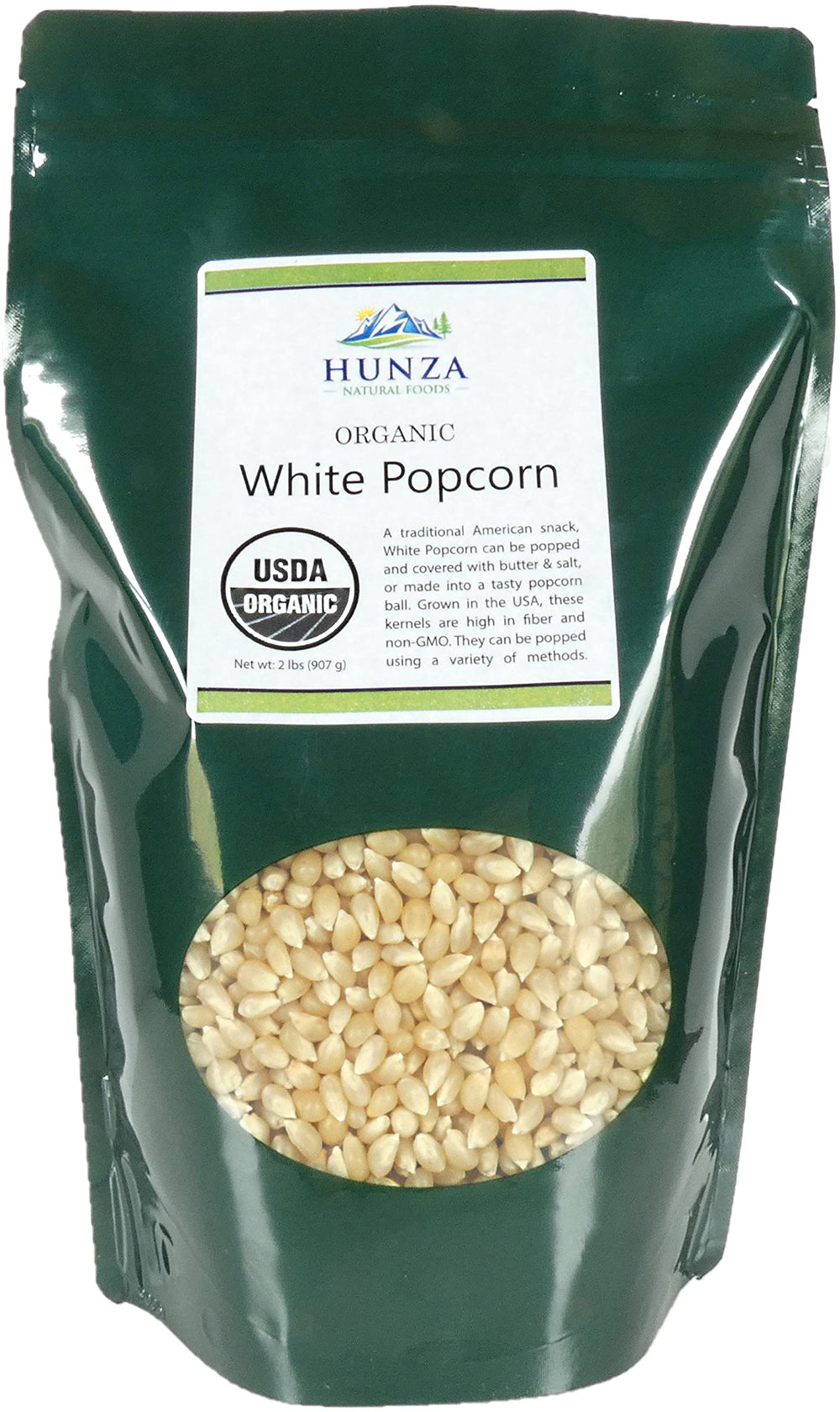 Hunza White Popcorn in a green stand-up pouch, ideal for cozy movie nights.