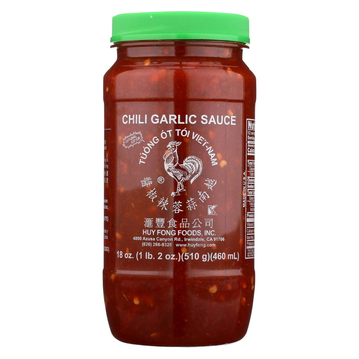 Huy Fong Chili Garlic Sauce 18oz bottle front, garlicky heat enhances everyday meals.
